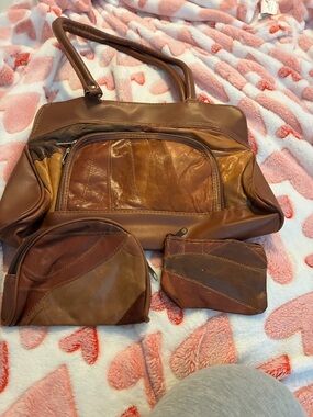 Ostrich vintage Brown Patchwork Leather Tote with Matching Pouches